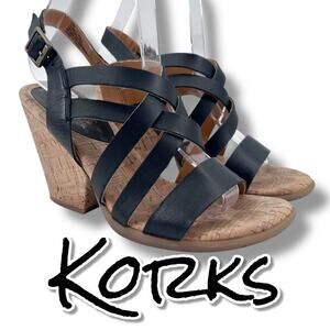 Korks Nedra Black Leather Strappy Cork Wedge Sandals Womens Size 7